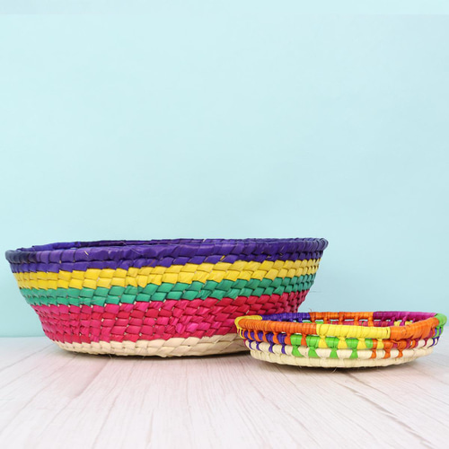 メキシコ手編み カラフルストライプ パルマバスケットカゴ L 直径30cm