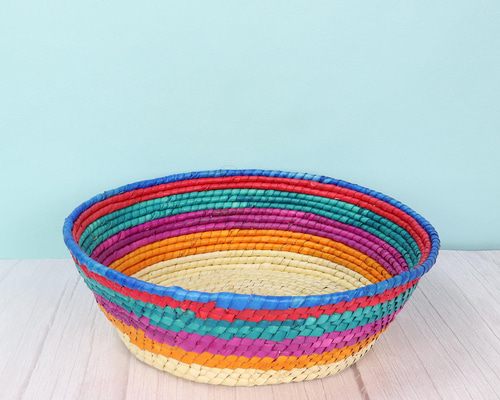 メキシコ手編み カラフルストライプ パルマバスケットカゴ L 直径30cm