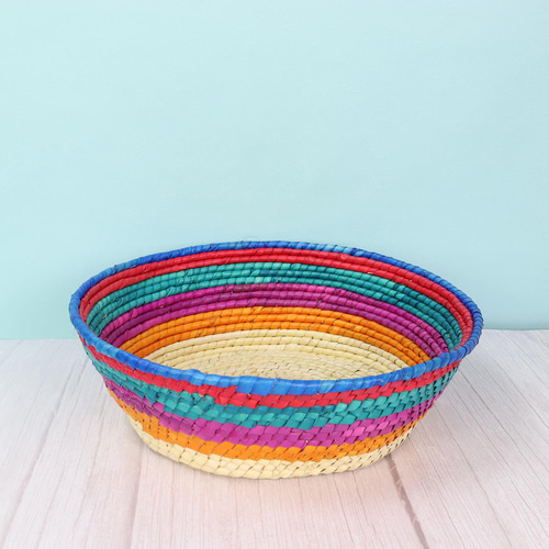 メキシコ手編み カラフルストライプ パルマバスケットカゴ L 直径30cm