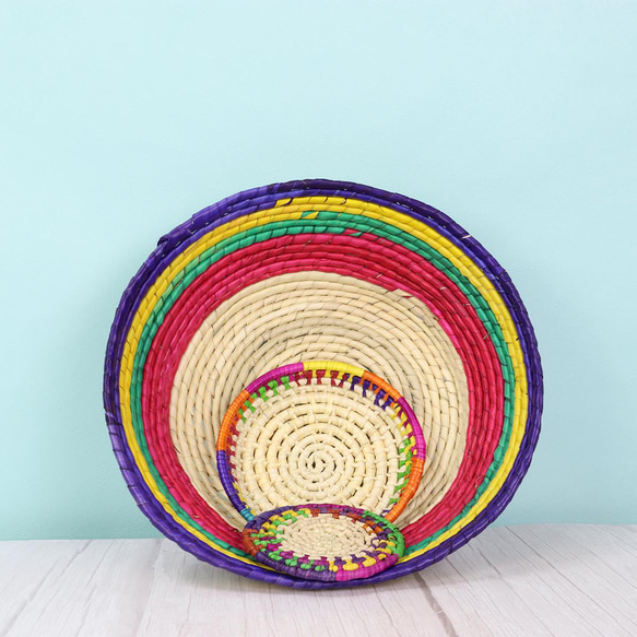 メキシコ手編み カラフルストライプ パルマバスケットカゴ L 直径30cm 002 5枚目の画像