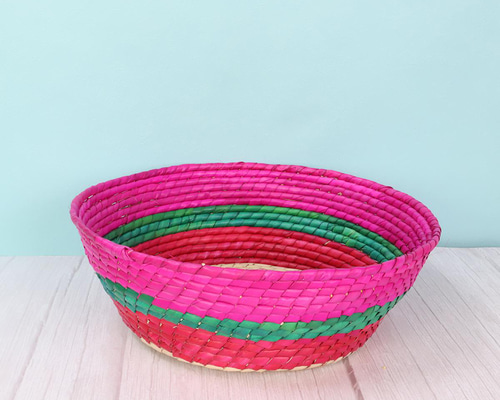 メキシコ手編み カラフルストライプ パルマバスケットカゴ L 直径30cm