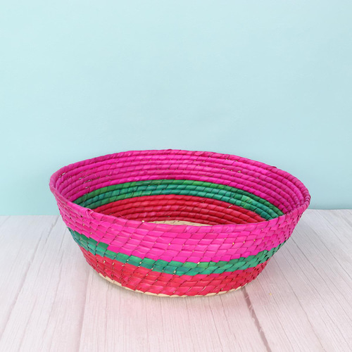 メキシコ手編み カラフルストライプ パルマバスケットカゴ L 直径30cm