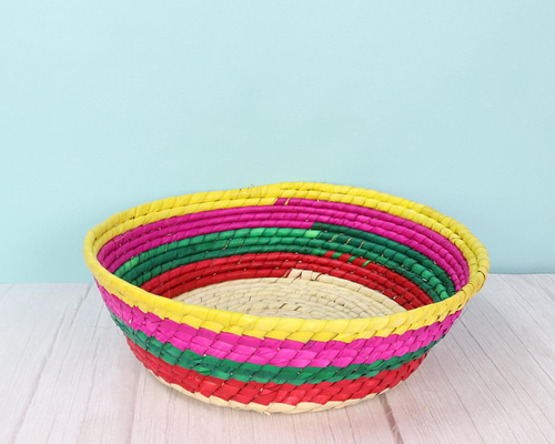 メキシコ手編み カラフルストライプ パルマバスケットカゴ L 直径30cm