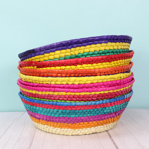 メキシコ手編み カラフルストライプ パルマバスケットカゴ L 直径30cm