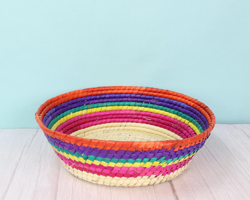 メキシコ手編み カラフルストライプ パルマバスケットカゴ L 直径30cm