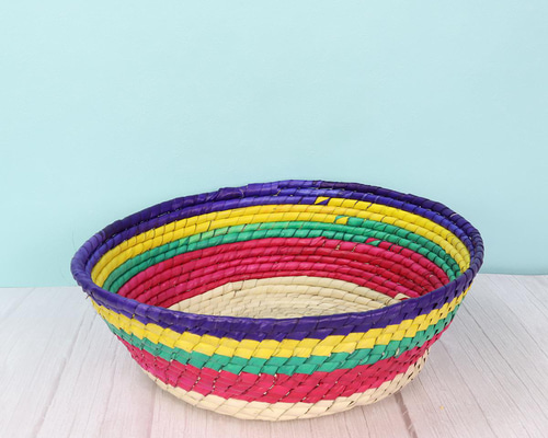 メキシコ手編み カラフルストライプ パルマバスケットカゴ L 直径30cm