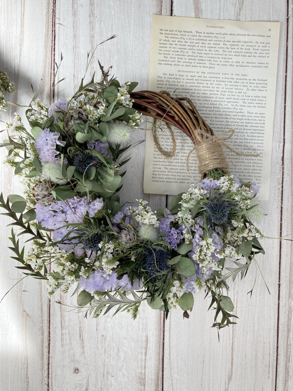 大人可愛いブルーのミニリース:ドライフラワーリース リース 花うさぎ  