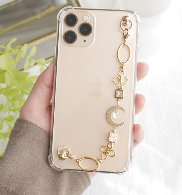 ゴールドムーン×ジルコニア×お花チェーンのキーリングハンガー　スマホケース　iPhoneケース　全機種　スマホチェーン 8枚目の画像