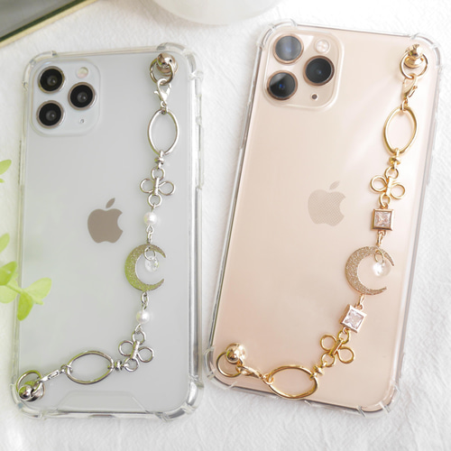 ゴールドムーン×ジルコニア×お花チェーンのキーリングハンガー