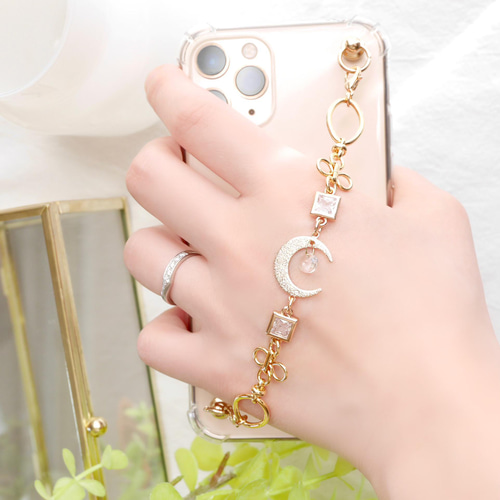 ゴールドムーン×ジルコニア×お花チェーンのキーリングハンガー