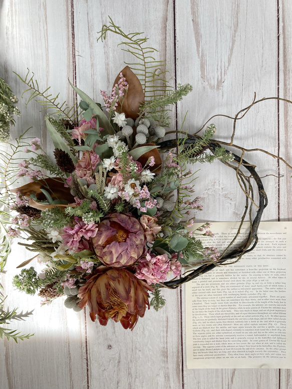 和風ピンクの春リース:ドライフラワーリース リース 花うさぎと森  