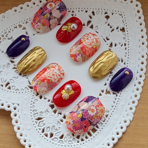 再販1【受注制作】菊・牡丹の花のうねうねミラー和柄ネイル/成人式  