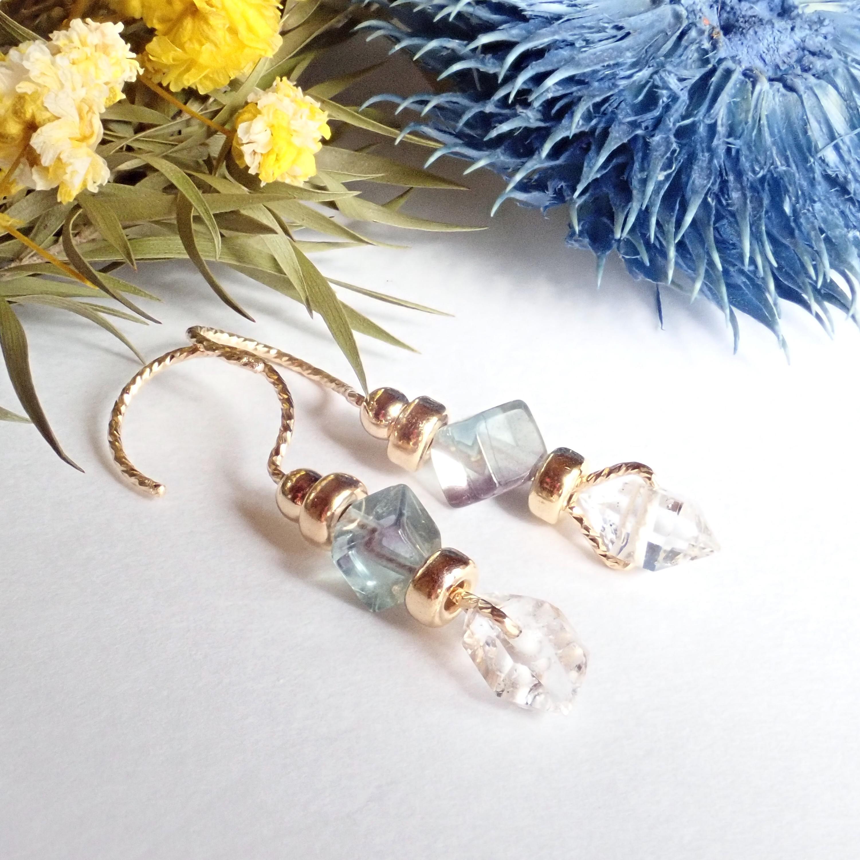 新作//k14gf*NY産ハーキマーダイヤモンドとフローライトのフックピアス