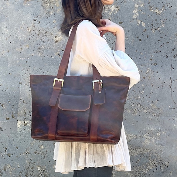 【限量產品】英倫設計牛皮包Valise Wide Tote Vintage Brown II 第9張的照片