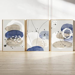 アートポスター 北欧モダン ネイビー&ベージュ 抽象ライン 3枚セット 1枚目の画像