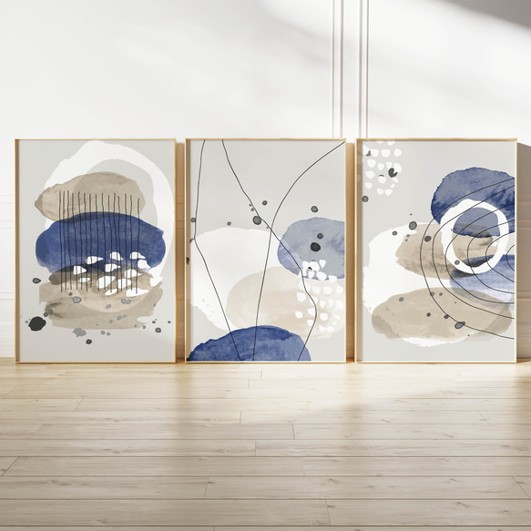 アートポスター 北欧モダン ネイビー&ベージュ 抽象ライン 3枚セット 1枚目の画像