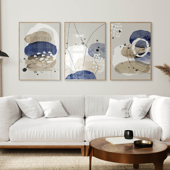アートポスター 北欧モダン ネイビー&ベージュ 抽象ライン 3枚セット 4枚目の画像
