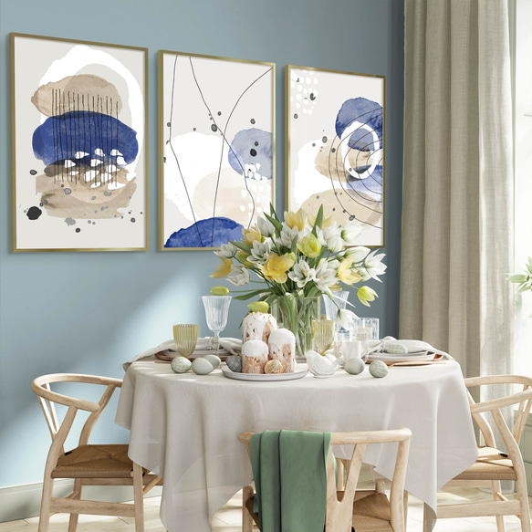 アートポスター 北欧モダン ネイビー&ベージュ 抽象ライン 3枚セット 2枚目の画像