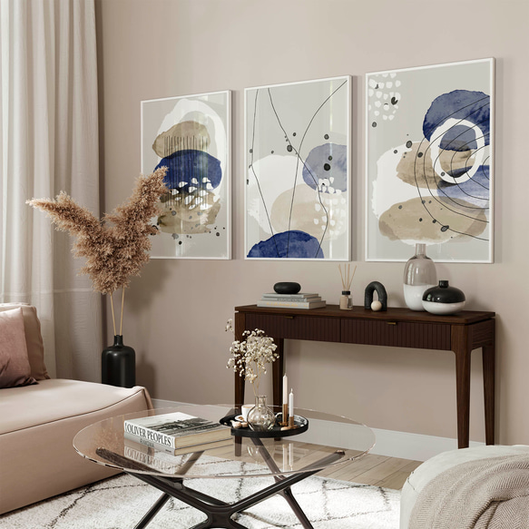 アートポスター 北欧モダン ネイビー&ベージュ 抽象ライン 3枚セット 3枚目の画像