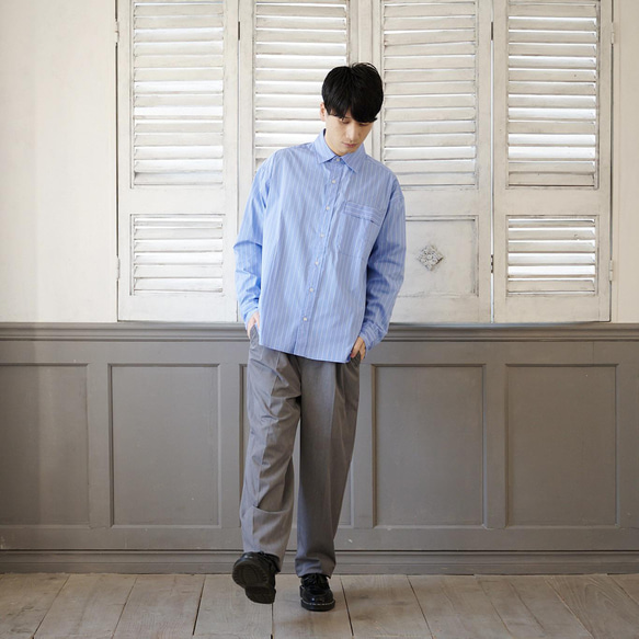 ﾓﾘﾉｶﾞｯｺｳ サラリと着こなすストライプシャツ (ライトブルー×白) メンズシャツ オーバーサイズシャツ 13枚目の画像