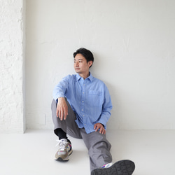 森野學校 舒適條紋襯衫 (淺藍 x 白色) 男士襯衫 超大襯衫 第3張的照片