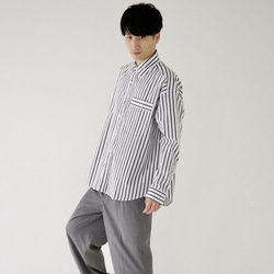 Morino Gakko 舒適條紋襯衫 (白色 x 炭灰色) 男士襯衫 超大襯衫 第8張的照片