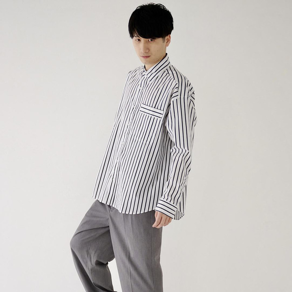 Morino Gakko 舒適條紋襯衫 (白色 x 炭灰色) 男士襯衫 超大襯衫 第8張的照片