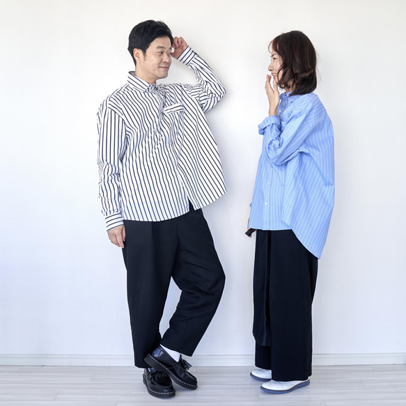 Morino Gakko 舒適條紋襯衫 (白色 x 炭灰色) 男士襯衫 超大襯衫 第15張的照片
