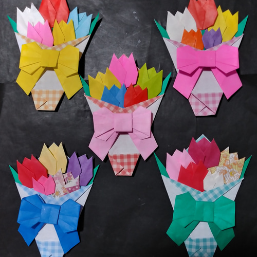 折り紙チューリップ 花束 5点で! 卒園 卒業 入園 入学 お誕生日