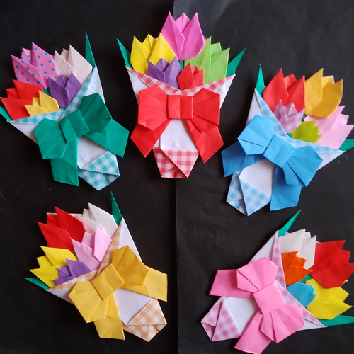 依頼品 折り紙 チューリップ花束メッセージカード100 お雛様顔なし25