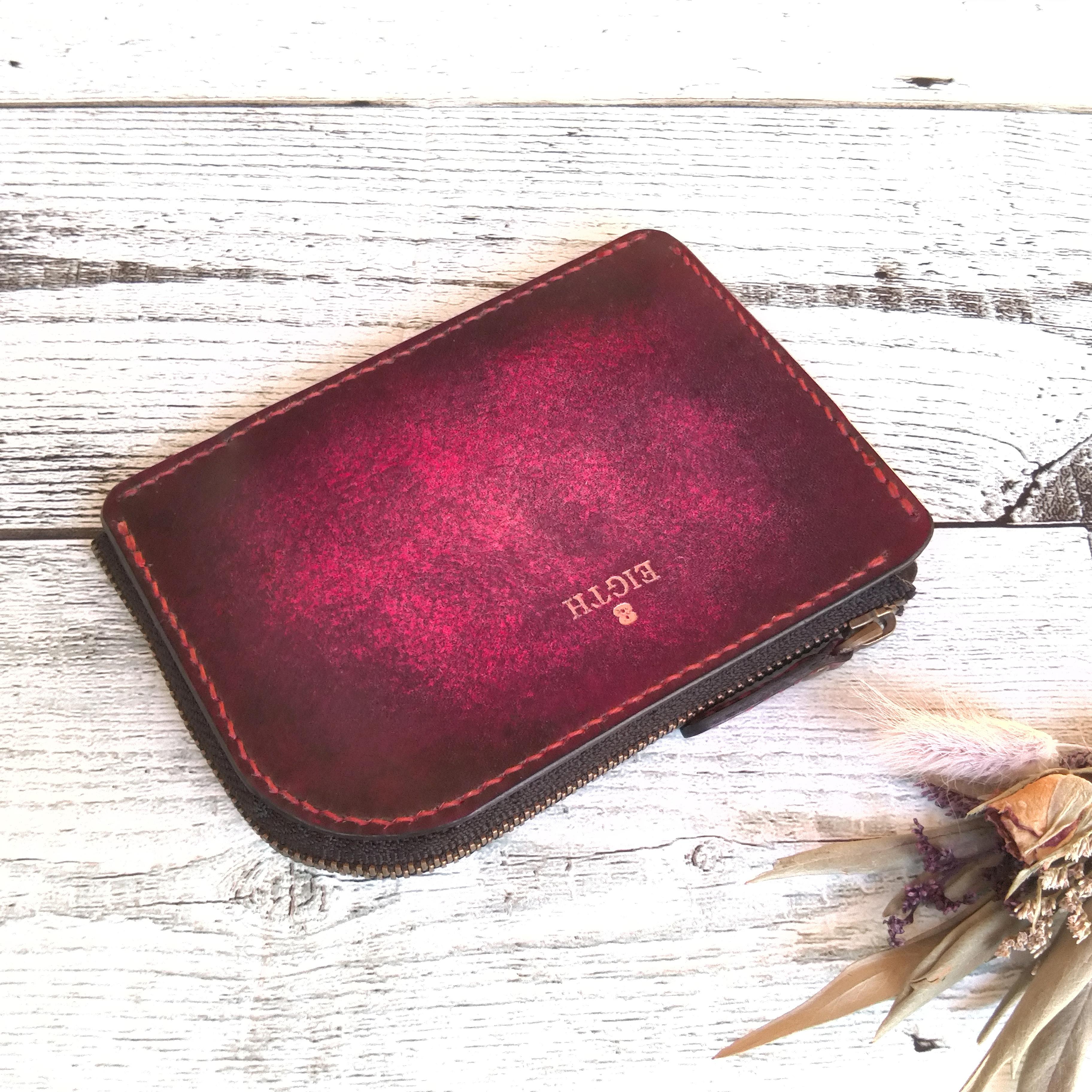 【レッド･アンティーク染め】 レザーL字ファスナー　コンパクトミニ財布