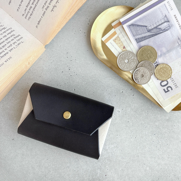 お札が折れない″帆布を革で包んだ 小さい財布″ ヌメ革 ブラック