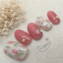 MOROSY223☆春 春ネイル チューリップ 花 大人可愛い ピンク ネイル チップ 2枚目の画像