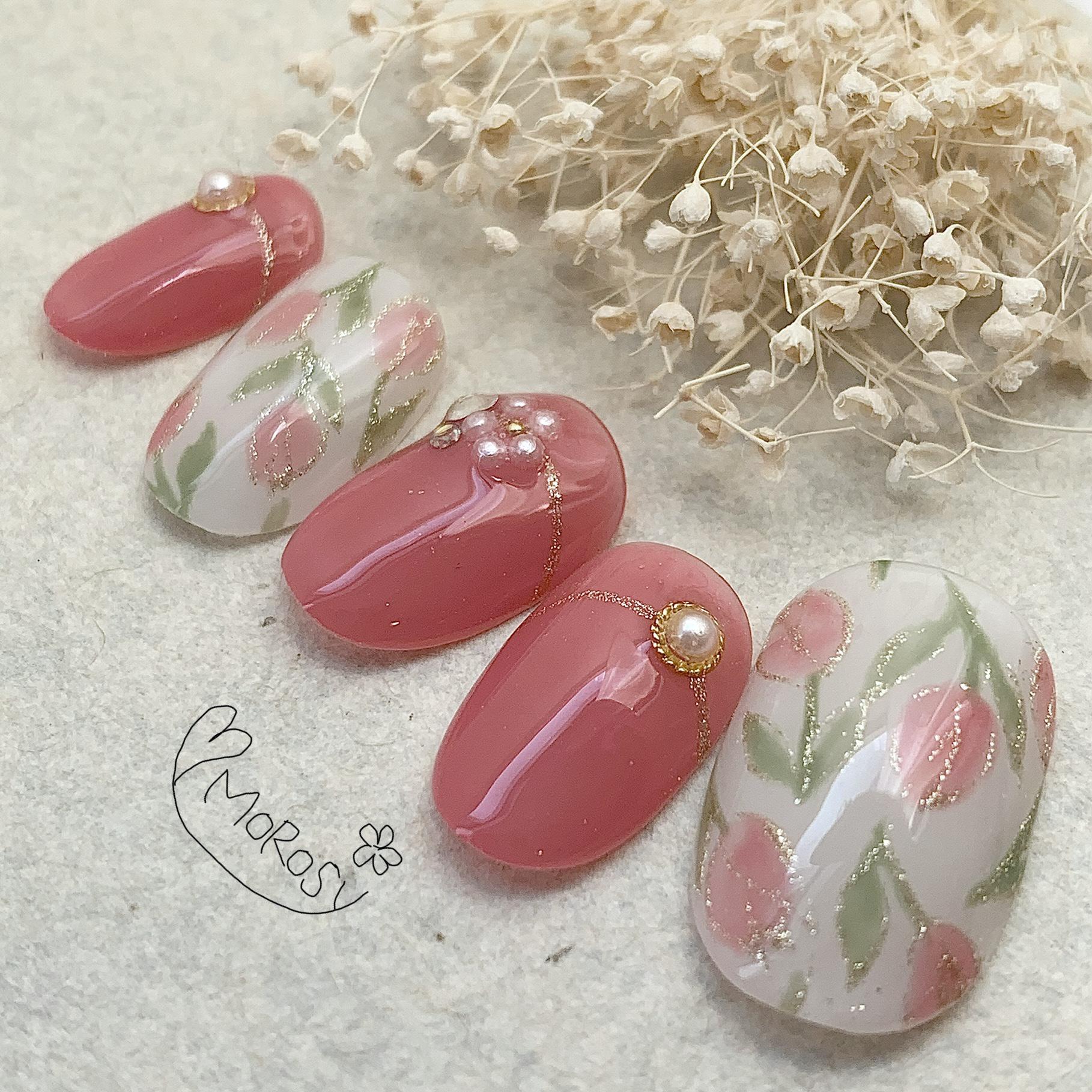 MOROSY223☆春 春ネイル チューリップ 花 大人可愛い ピンク ネイル  