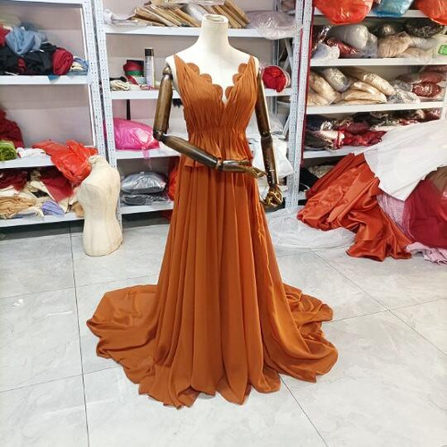 大人気上昇中！テラコッタカラードレス 編み上げ 背中見せ ロング  