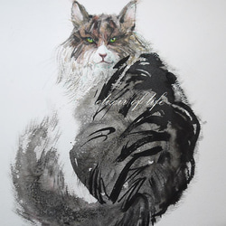 原画。振り向く猫２０２２（墨絵、高級水彩画用紙２２ｃｍ×２７ｃｍ、墨、水彩） 1枚目の画像