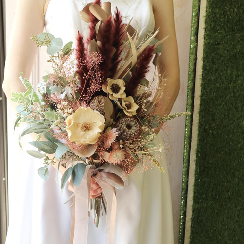 NO.44 ナチュラルグリーンのブーケ&ブートニア&ヘッドドレスのセット