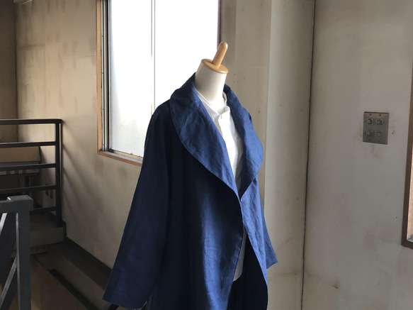 リネンショールカラーコート　フレンチリネン綾織40番ブルー 1枚目の画像