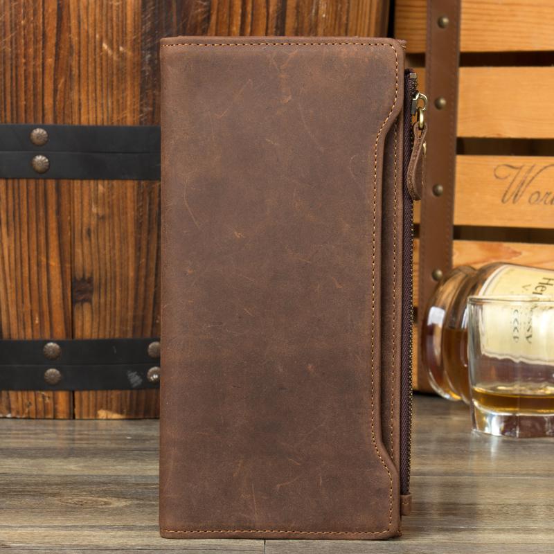 ヴィンテージ本革ロングウォレット 金属ジッパー男性牛革の長財布