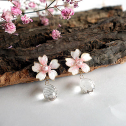 四月◆誕生石◆誕生花◆水晶石英櫻花14kgf耳環/樹脂彈簧耳環 第8張的照片