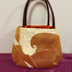 033 帯バック A4 隠しマグネット 刺繍 木の持ち手 帯リメイク