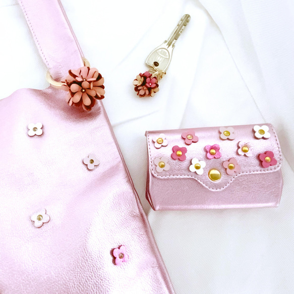 【人気再販商品】ゴートスキン製マルシェバッグ(BAGピンク花色ピンクカラー） 2枚目の画像