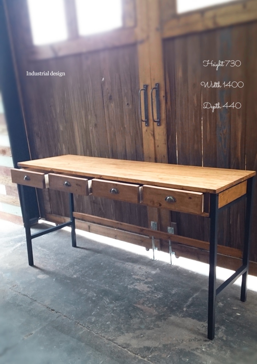 4drインダストリアルデスク/ワークデスク/アンティーク調/鉄脚/無垢材/オイルフィ 29,900円