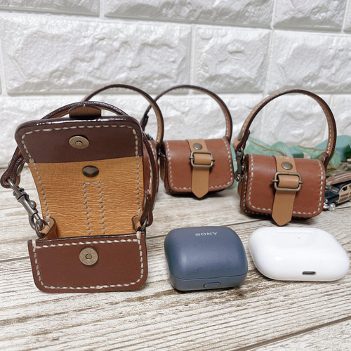 ワイヤレスイヤホンケース本革①ストラップ付*sony LinkBuds*Airpods