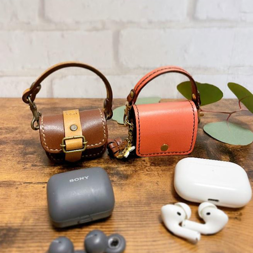 ワイヤレスイヤホンケース本革①ストラップ付*sony LinkBuds*Airpods