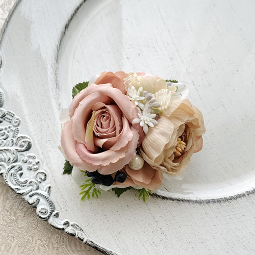 コサージュ、卒業式、入学式、アンティーク くすみピンク ローズ 薔薇