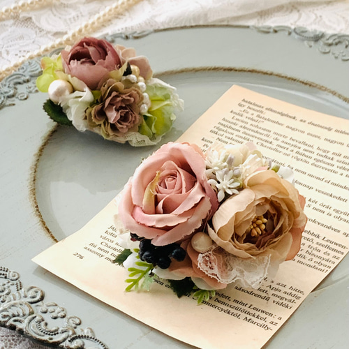 コサージュ、卒業式、入学式、アンティーク くすみピンク ローズ 薔薇