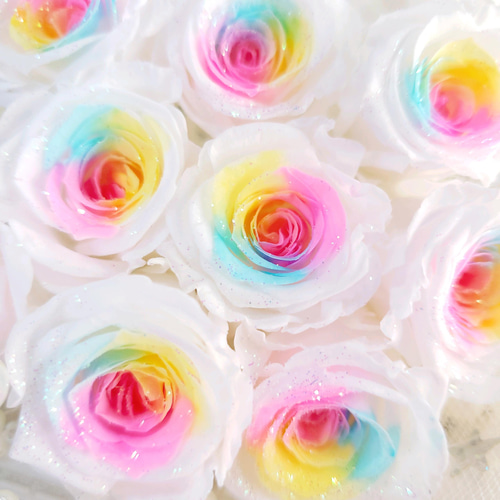 ホワイトパステルレインボー*.❁2輪 ローズ 花材 プリザーブドフラワー