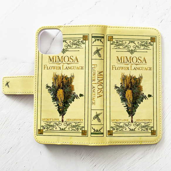 全3色・架空の洋書"ミモザの花言葉" 手帳型 iPhoneケース スマホケース 全機種対応 12枚目の画像