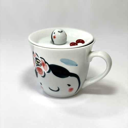 波佐見焼 花飾りお福さんカップ 蓋付き 【tomofac】 マグカップ 波佐見